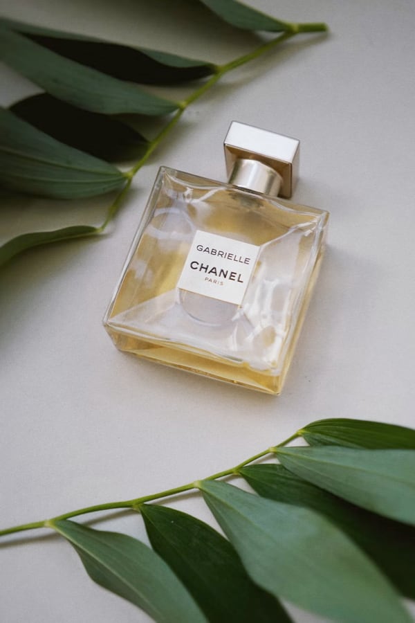a bottle of perfume with leaves around