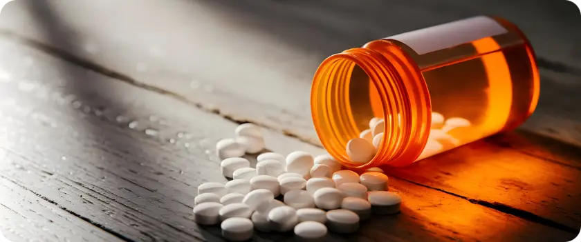 pills shattered on the table from the bottle